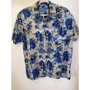 Roundy Bay Blue Floral Hawaiian Shirt 100% Cotton Resort Aloha Size L